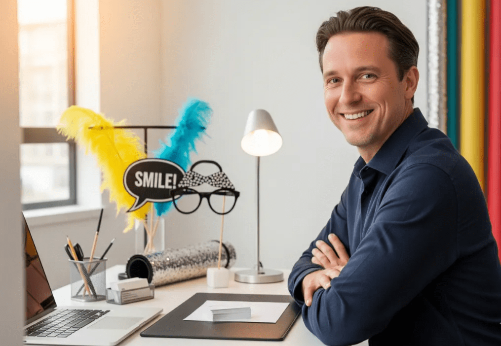 Man working at a desk with photo booth accessories and smiling at the camera