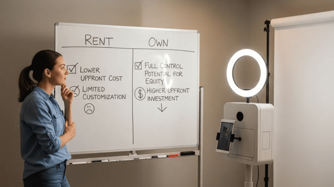 Businesswoman analyzing pros and cons of renting or owning photo booth equipment.