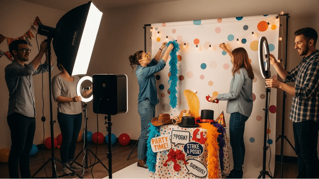 A team setting up a colorful photo booth with props and lighting equipment