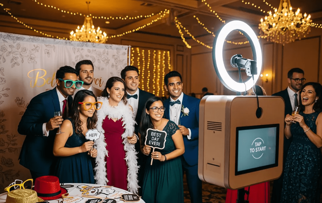 Group of guests having fun using a photo booth with props and ring light at a formal event