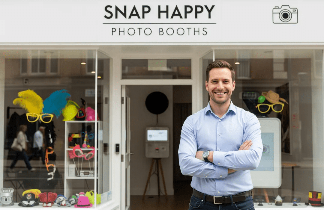 Photo booth entrepreneur in a blue shirt in front of a rental business storefront