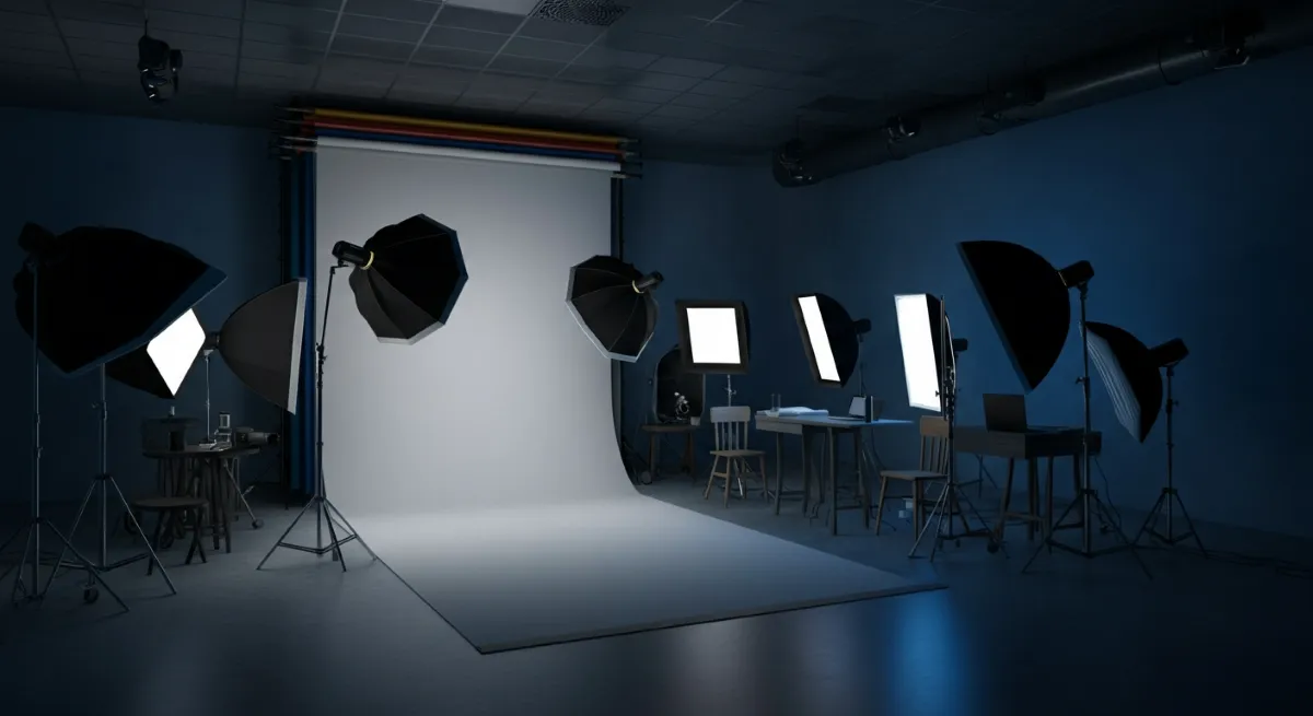 Photography studio with backdrop and professional lighting gear