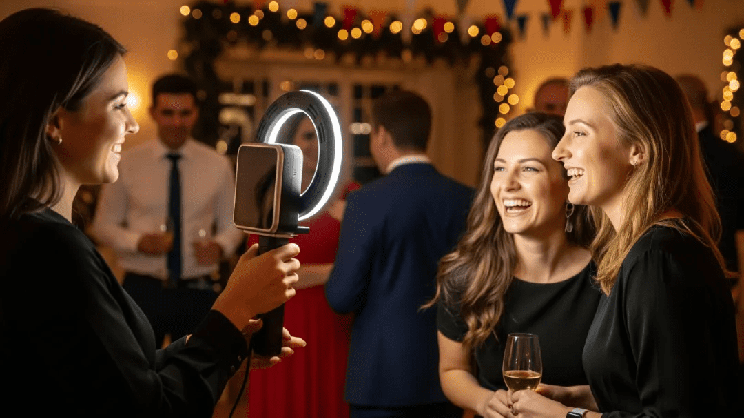 Attendant using a handheld photo booth with a ring light to capture guests