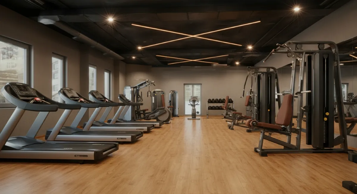 Fitness equipment and treadmills in a spacious gym for venue rentals.