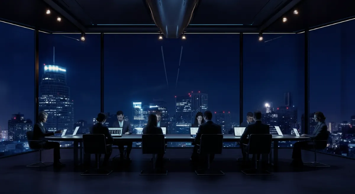 Group of professionals working in a modern meeting room with a city view at night