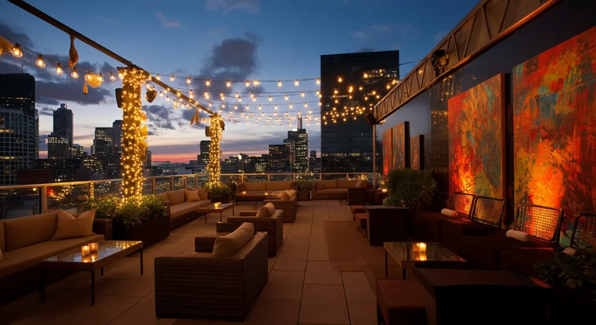 Rooftop lounge with illuminated string lights, modern seating.