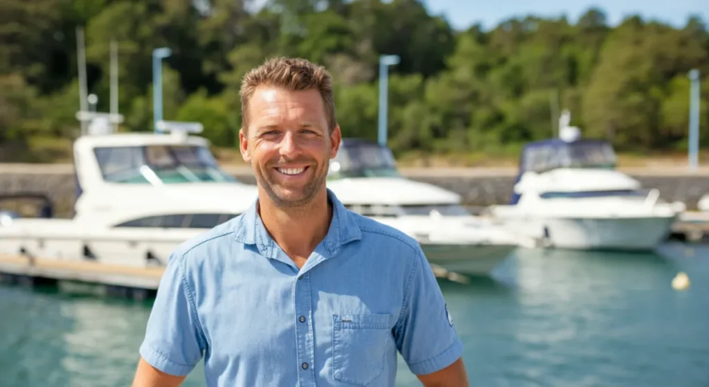 Happy boat rental business owner standing by boats