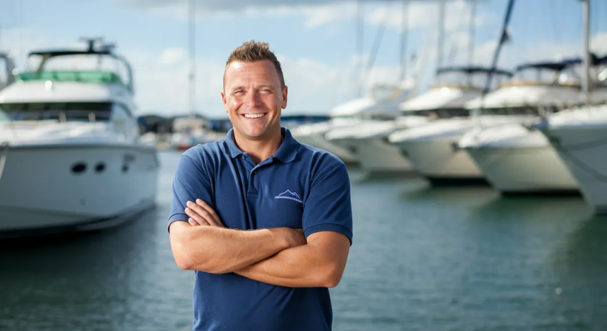 Smiling boat rental operator near docked yachts