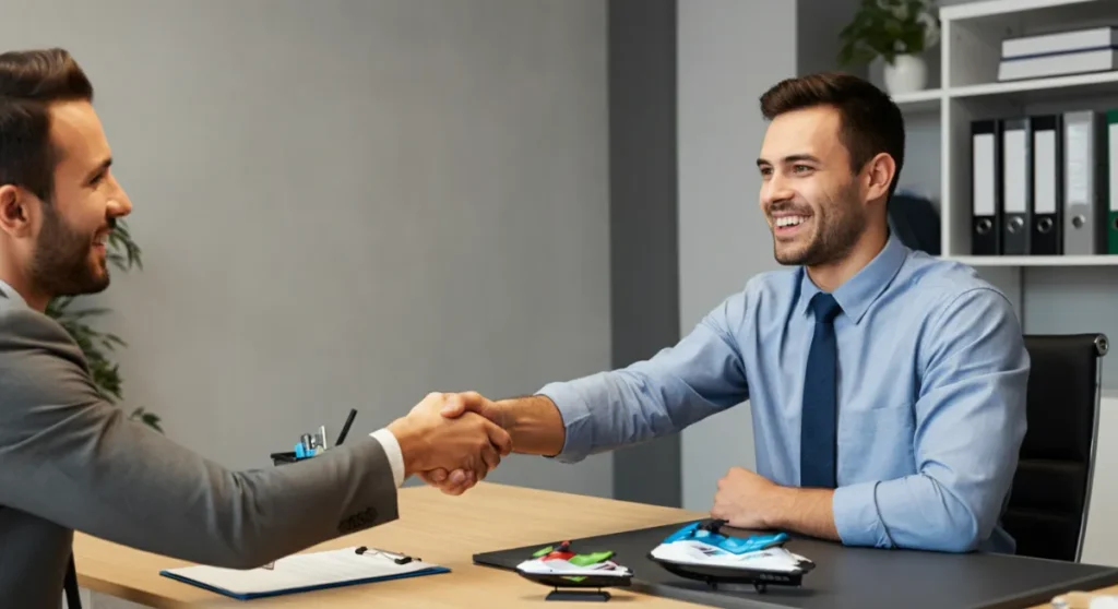 Business owner shaking hands with insurance agent for jet ski rental coverage.