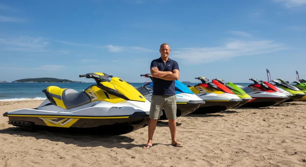 Jet ski rental business owner with fleet of colorful jet skis on beach