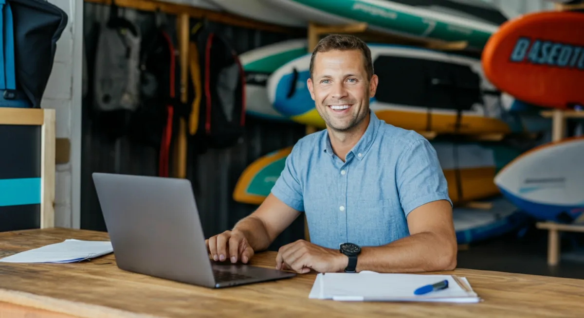 Paddleboard rental business owner smiling at desk