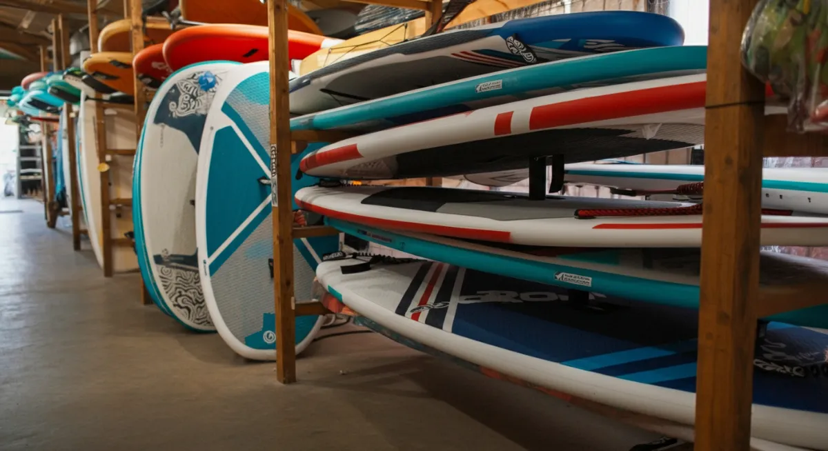 Paddleboards stacked neatly in a rental shop