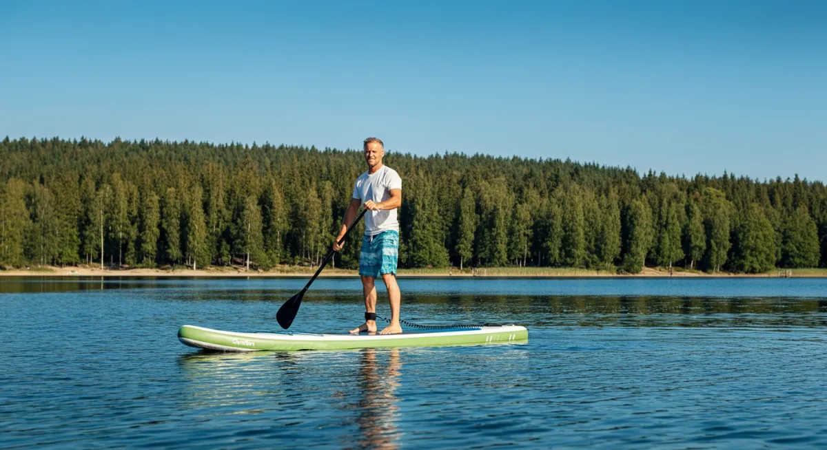 Paddleboarder gliding across peaceful forest-lined water