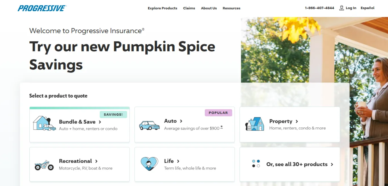 Screenshot of Progressive Insurance product website