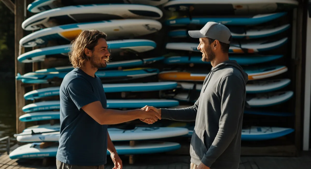 Two people shaking hands in front of paddleboards