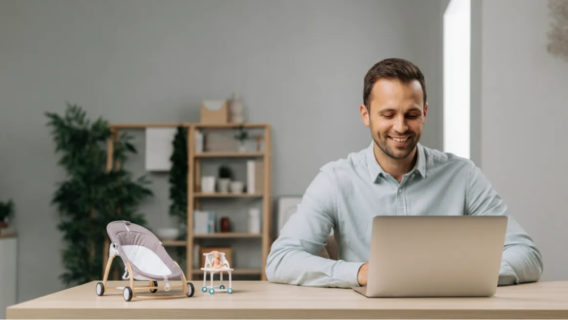 Man working on a laptop beside baby gear models