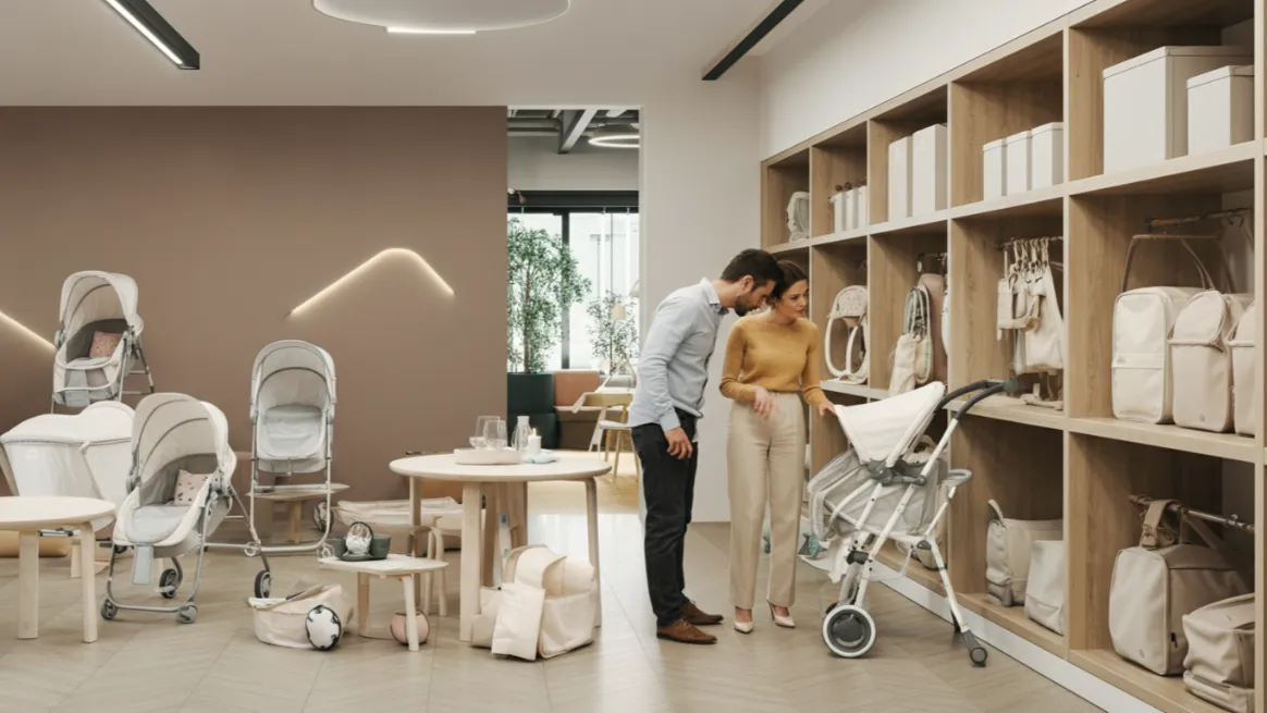 Baby equipment rental store interior with browsing parents
