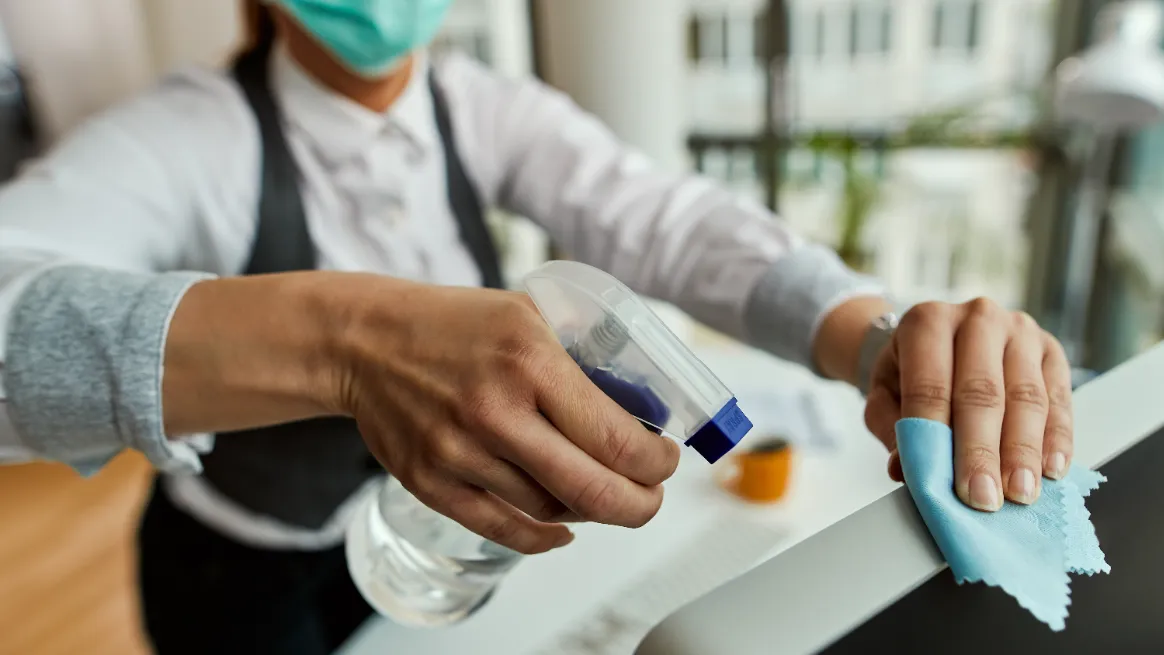 Sanitization process with spray bottle and microfiber cloth