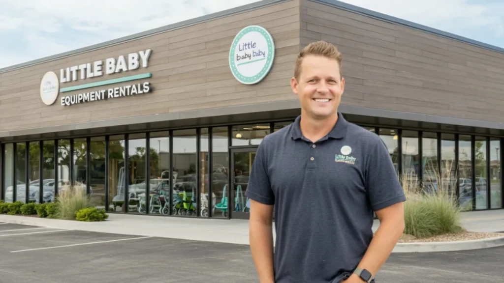 Owner standing in front of baby equipment rental shop