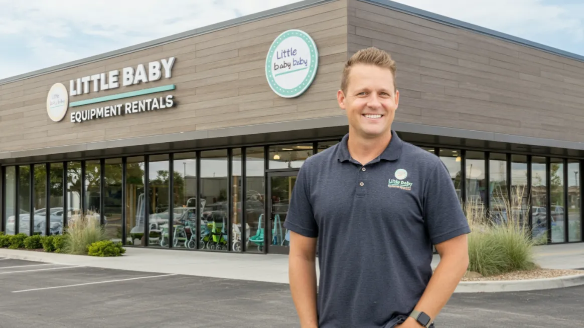 Owner standing in front of baby equipment rental shop