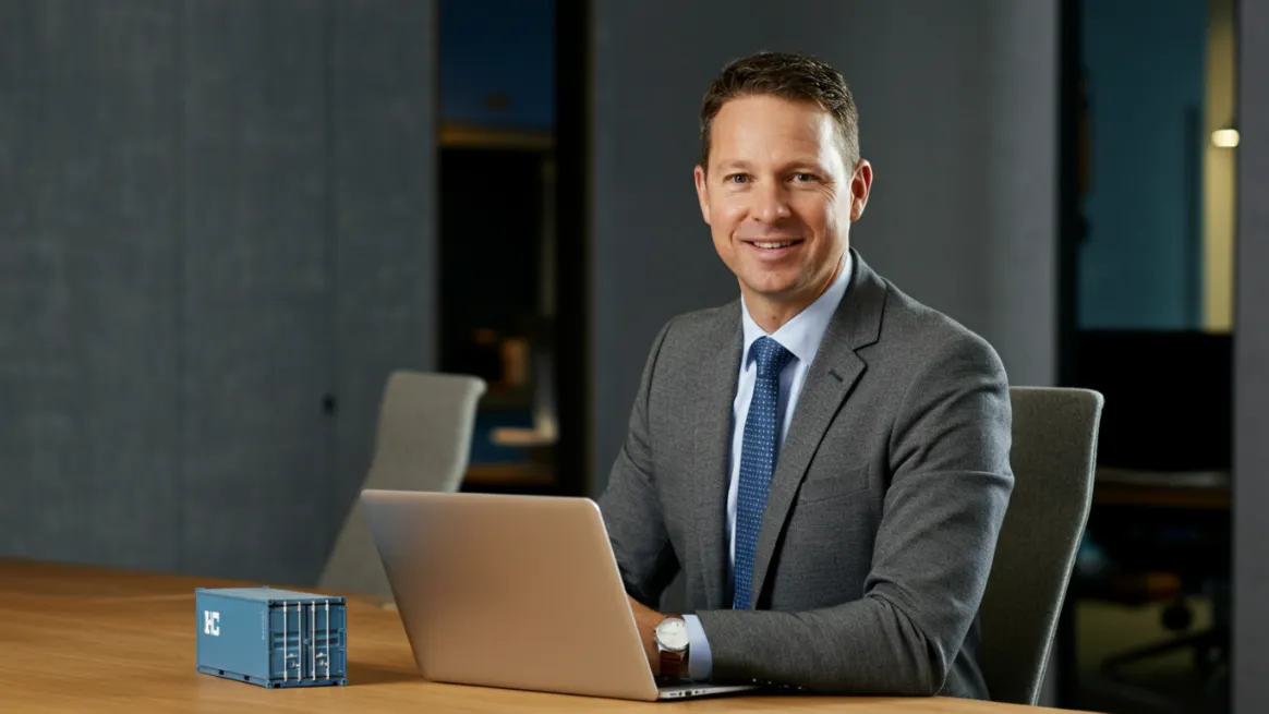 Professional with a laptop discussing container rental business returns