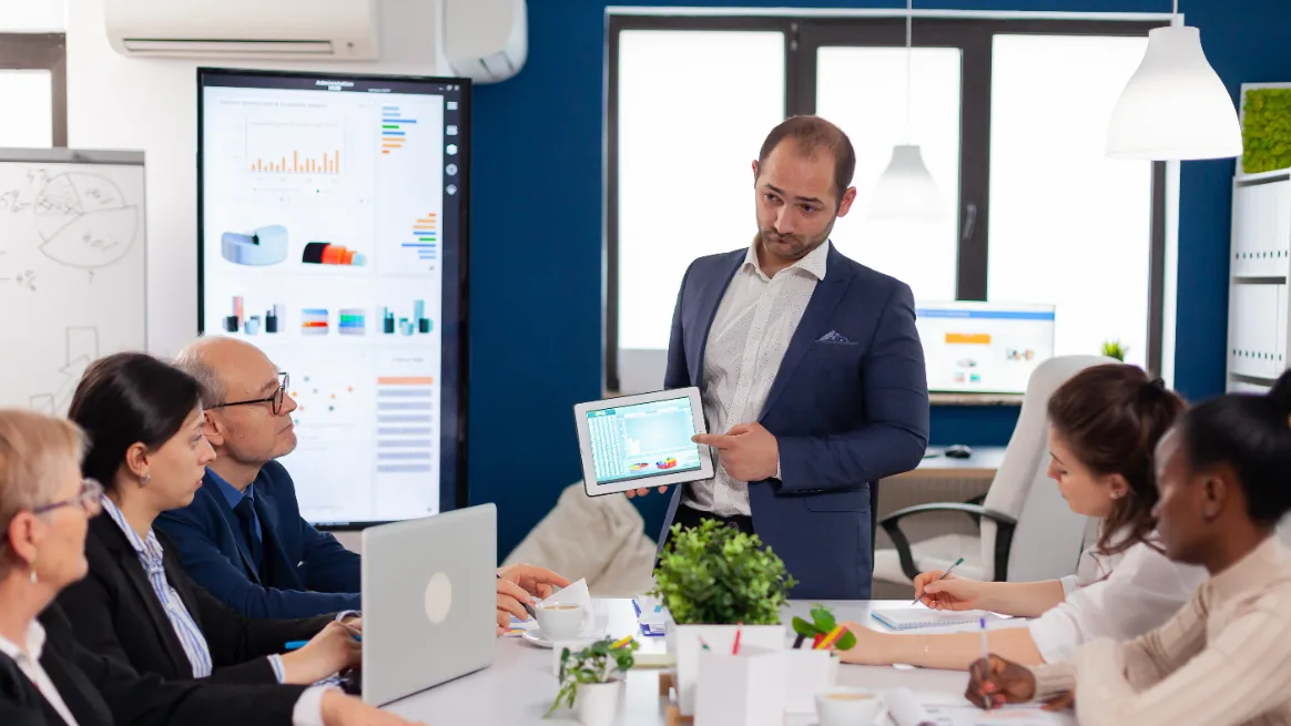 Business team presenting marketing strategy for container rental bookings