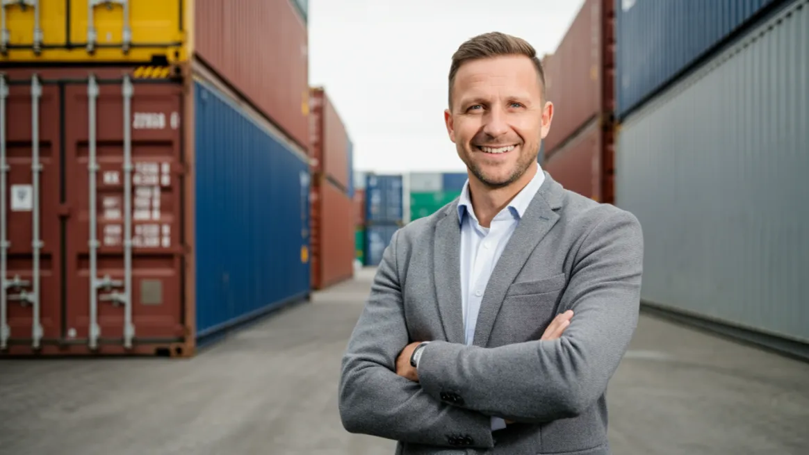Man in grey blazer promoting container rental startup in industrial shipping yard
