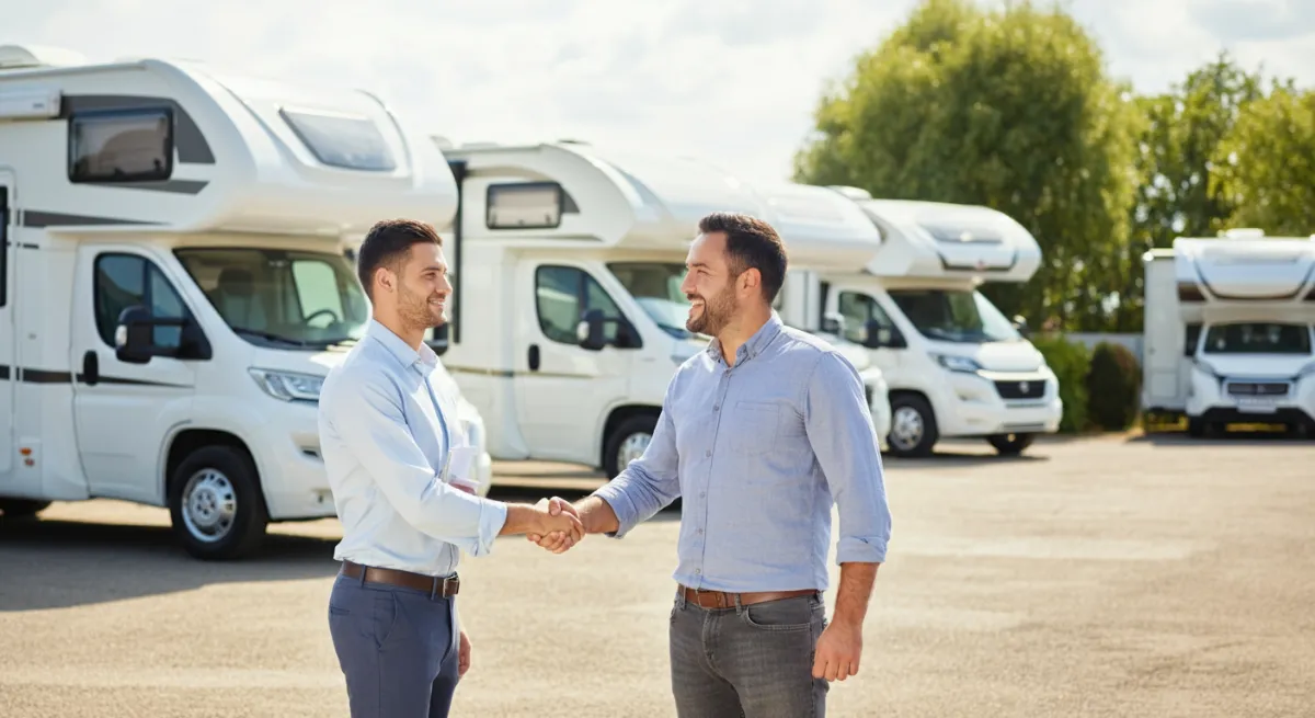 RV rental business transaction captured with handshake and fleet
