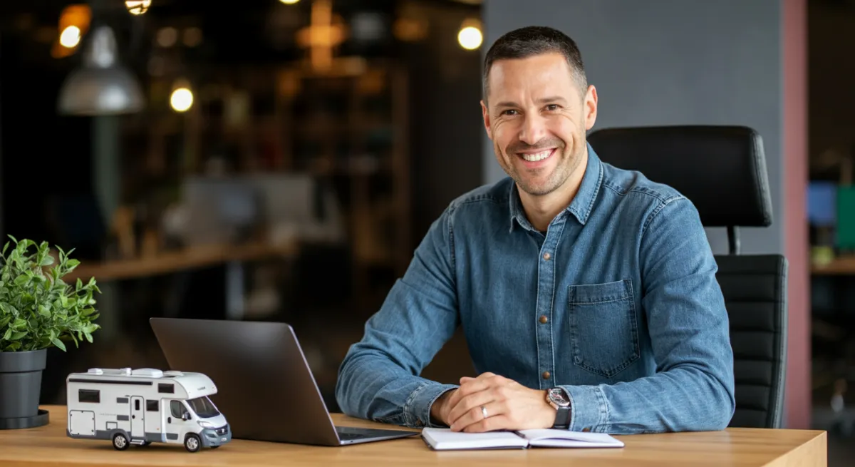 RV rental entrepreneur working in office with laptop and motorhome model