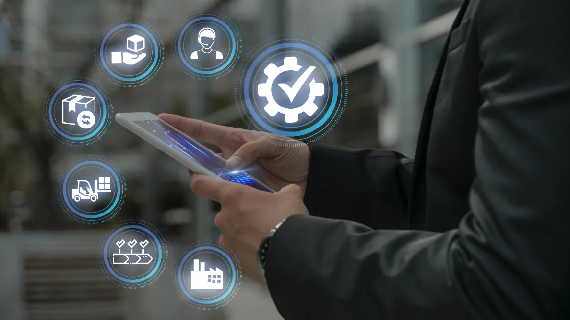 Business owner using a tablet to manage RV rental bookings and operations