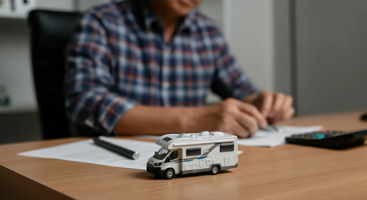 Person reviewing RV rental business models with paperwork and calculator