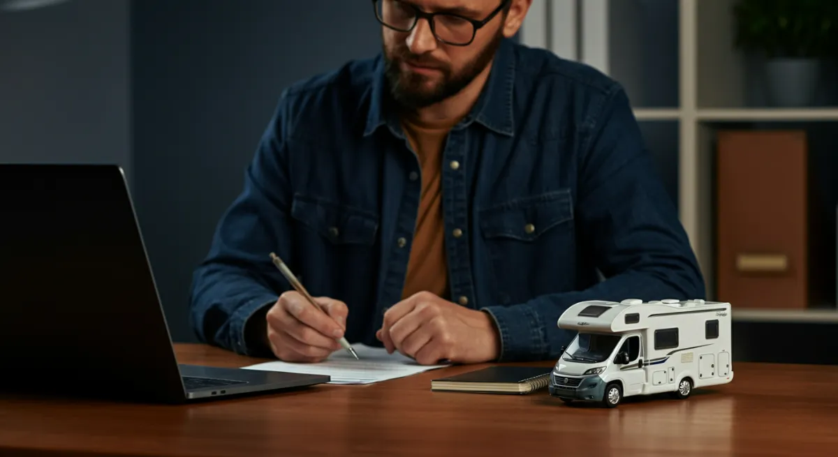 Person drafting RV rental business plan with laptop and RV model