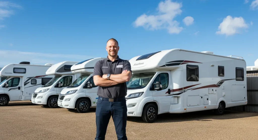 Man in dark polo shirt promoting RV rental startup with parked motorhomes