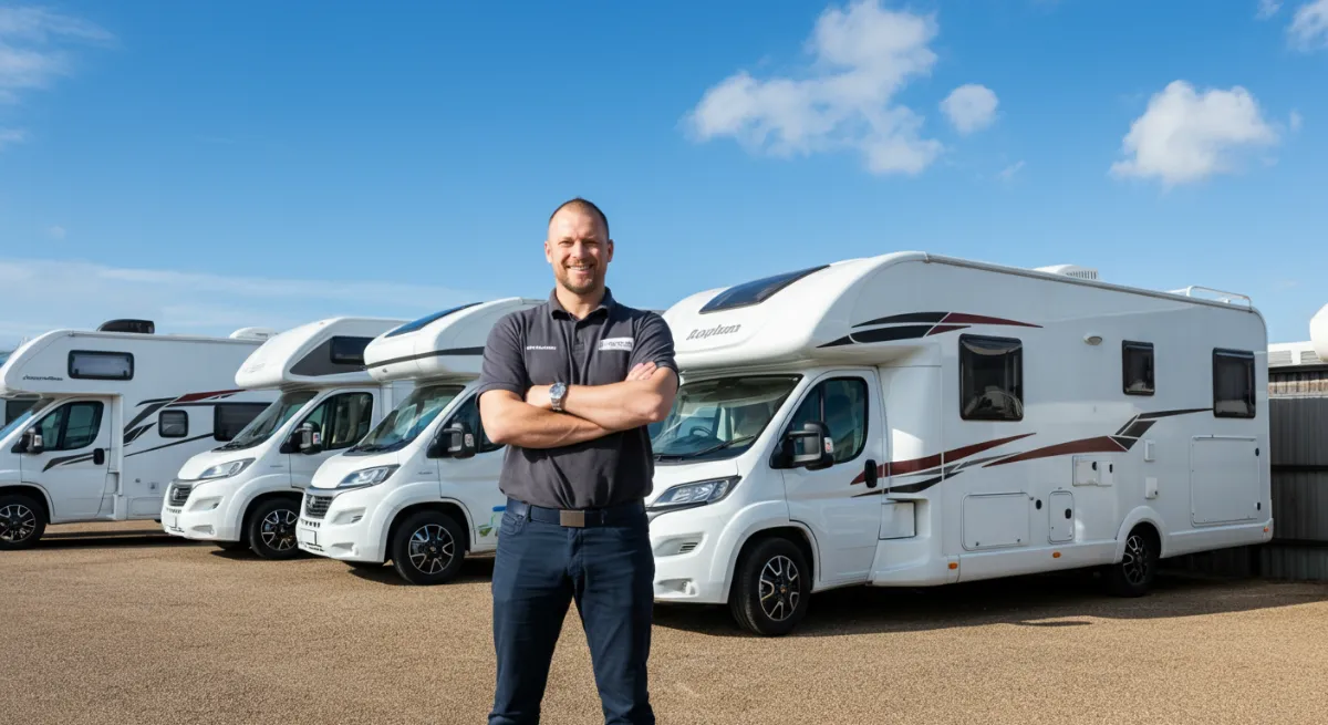 Man in dark polo shirt promoting RV rental startup with parked motorhomes