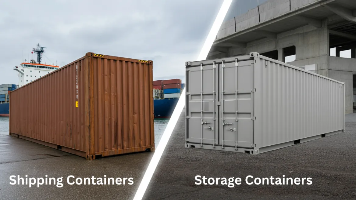 Split view of shipping and storage containers for rental business comparison