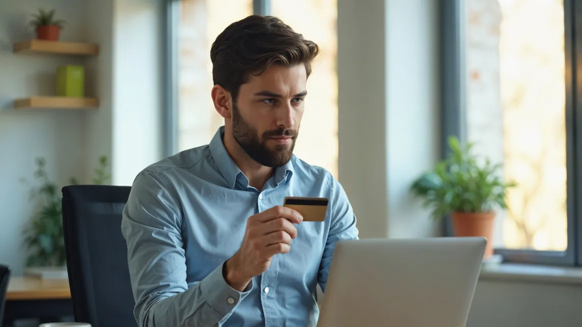 Man holding a credit card while browsing a laptop