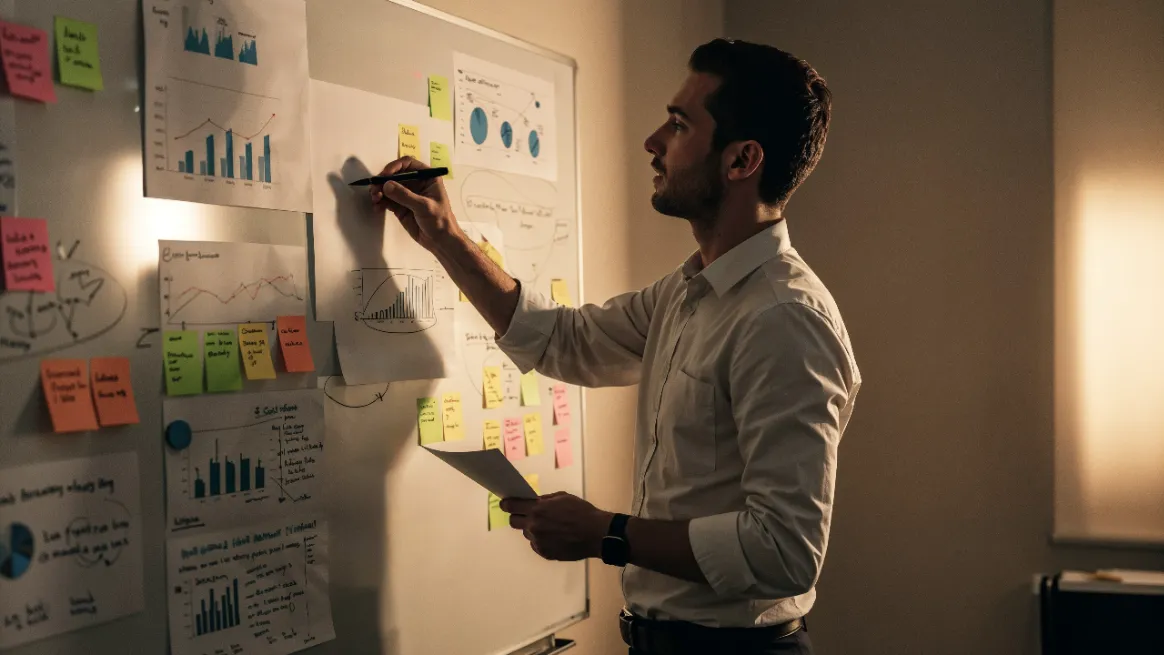 Professional reviewing graphs and notes for the tent rental marketing plan