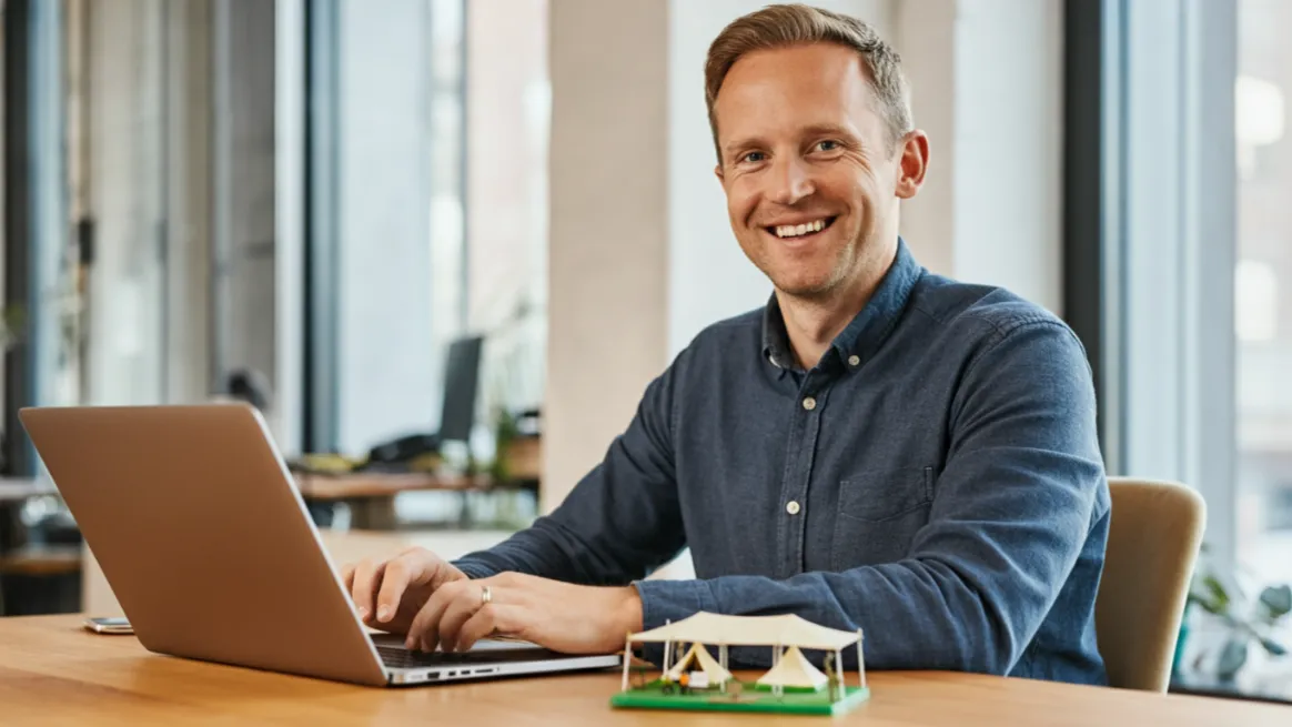 Tent rental professional working at desk with miniature canopy display