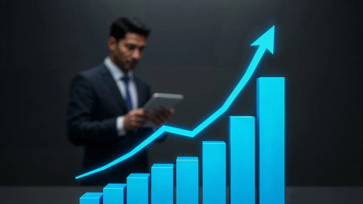 Business professional reviewing upward performance graph for tent rental scaling