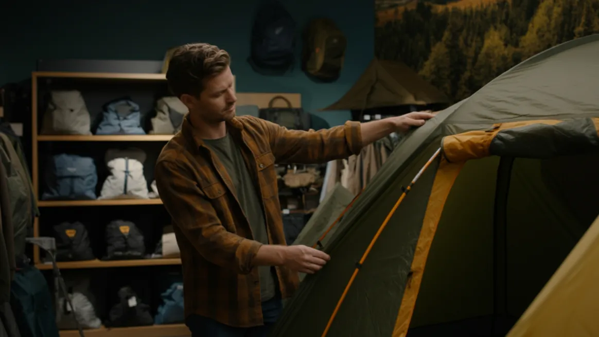 Tent rental entrepreneur evaluating tent structure in outdoor shop