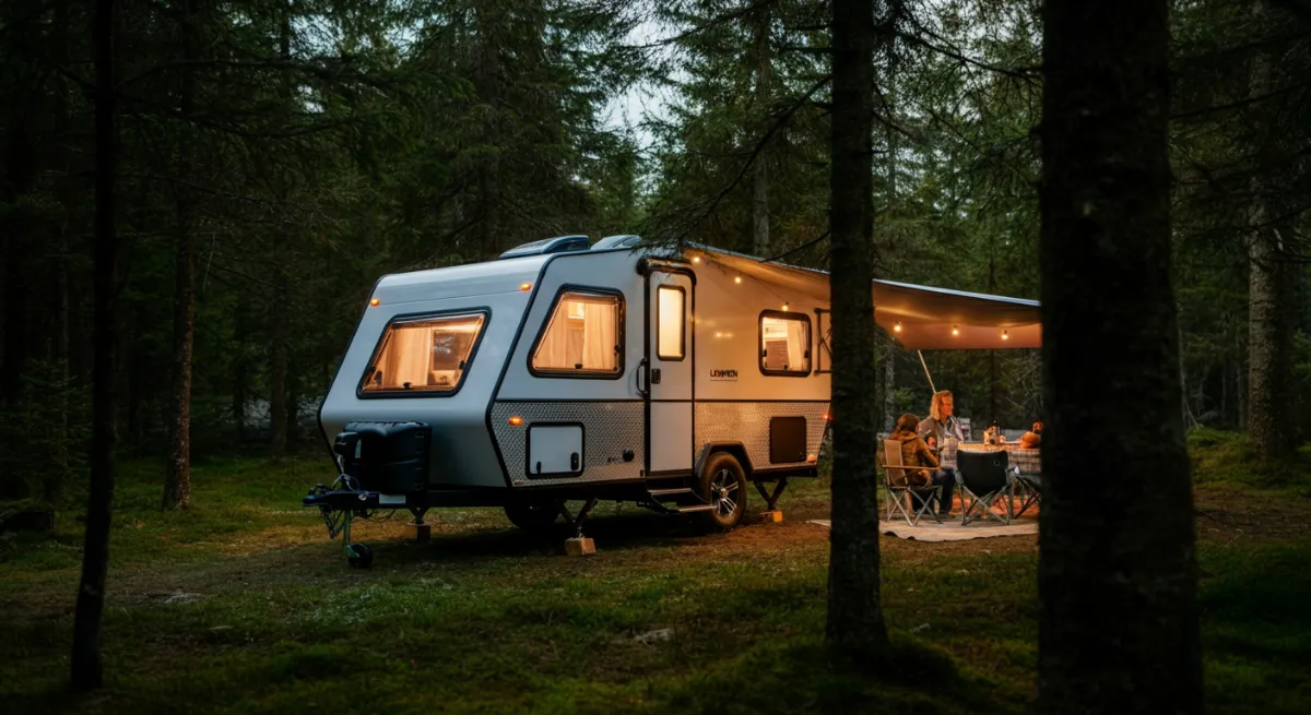Travel trailer with string lights and outdoor dining setup at forest campsite