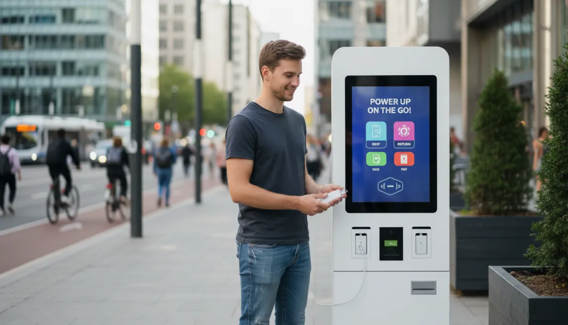 Urban charging kiosk promoting power bank rental business with digital screen