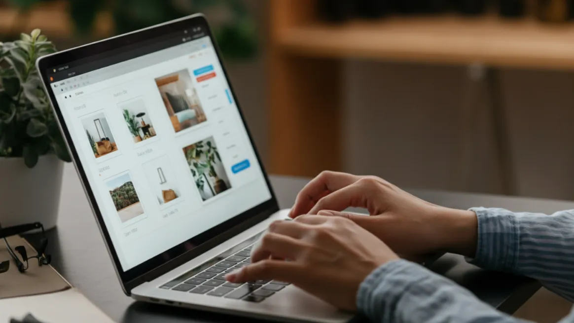 Person customizing online storefront on laptop