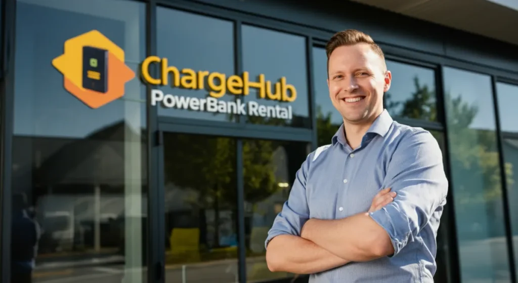 Smiling entrepreneur standing in front of his power bank rental business signage