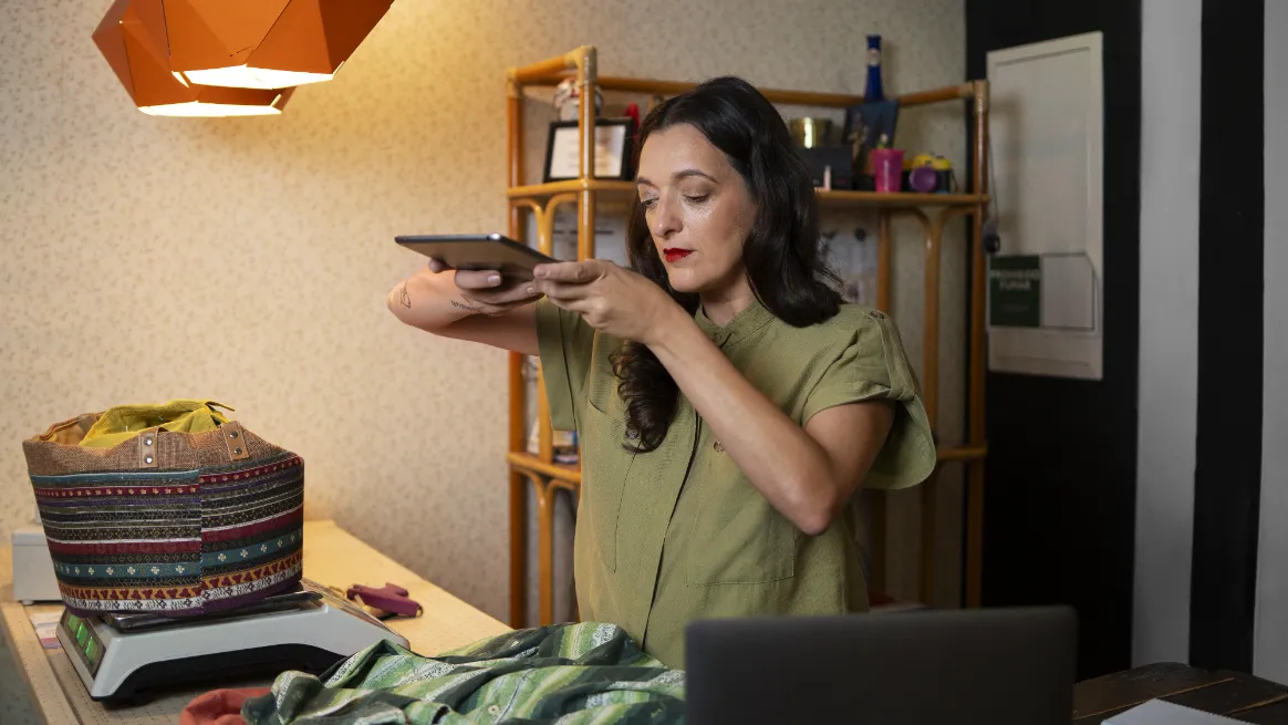 Woman in green shirt photographing product for online store