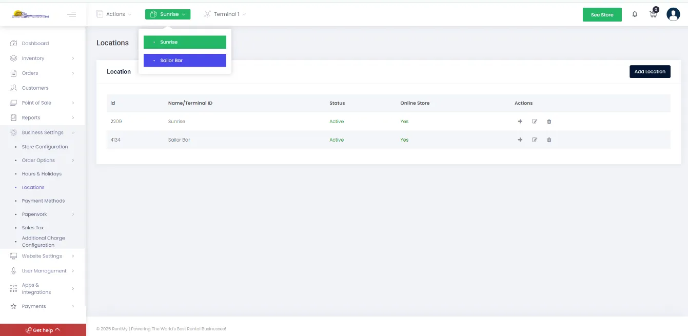RentMy dashboard showing multi-location view for rental business
