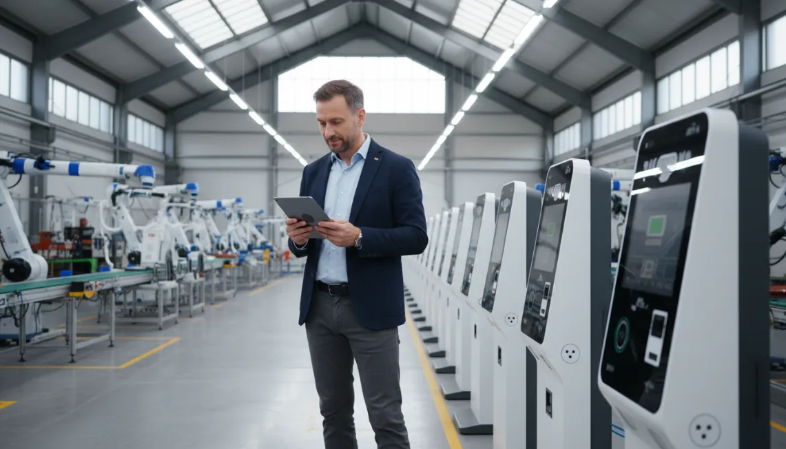 Man inspecting power bank rental machines in advanced manufacturing facility