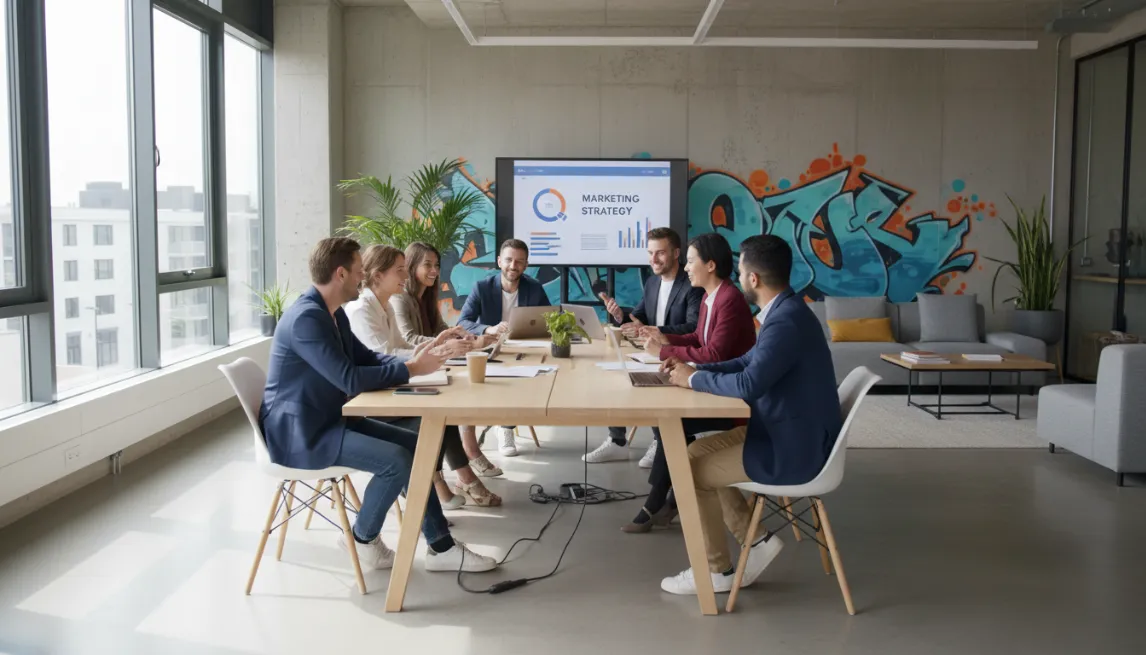 Team discussing marketing strategy to grow power bank rental business in a modern office