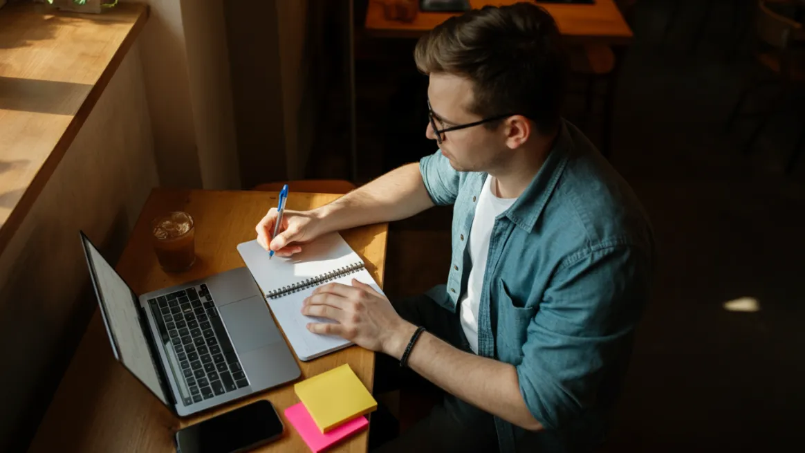 Man writing in a notebook while researching a rental niche
