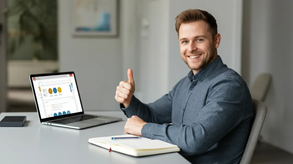 Entrepreneur giving thumbs-up while analyzing online business metrics
